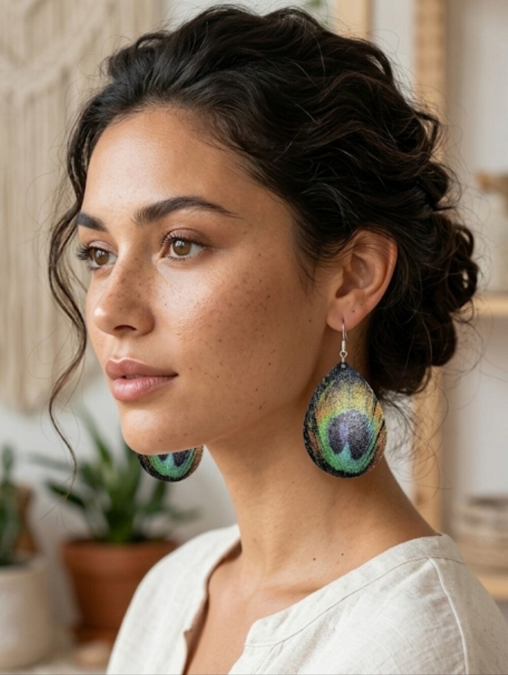 Peacock Feather Teardrop Dangle Earrings Green, Gold, Metal Glitter Iridescent